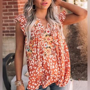 Savanna Jane Say The Word Embroidered Boho Top Flutter Sleeve Orange Sz Large